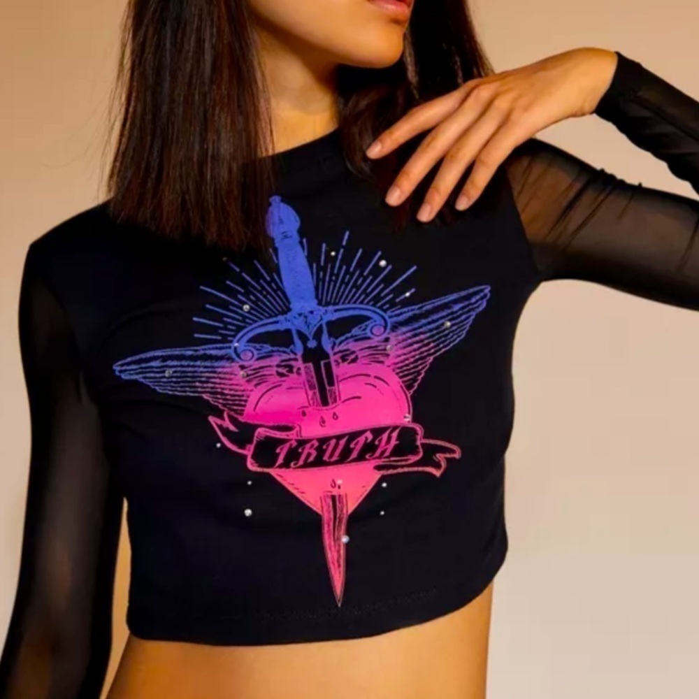 URBAN Outfitters Y2k Truth Mesh Black Sheer Sleeves Cropped Shirt